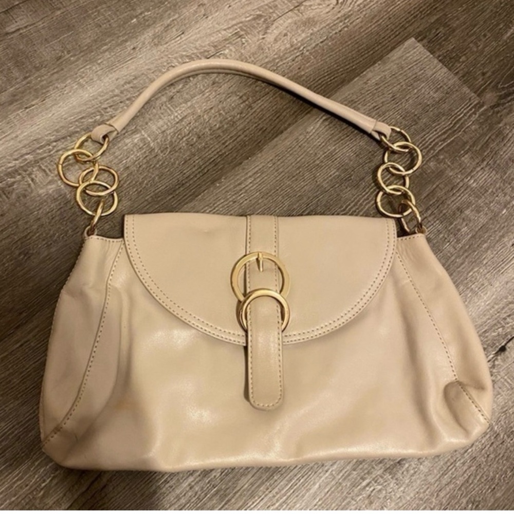 Kate Landry Genuine Leather Beige Purse Gold Plated Chain Links Shoulder Bag
